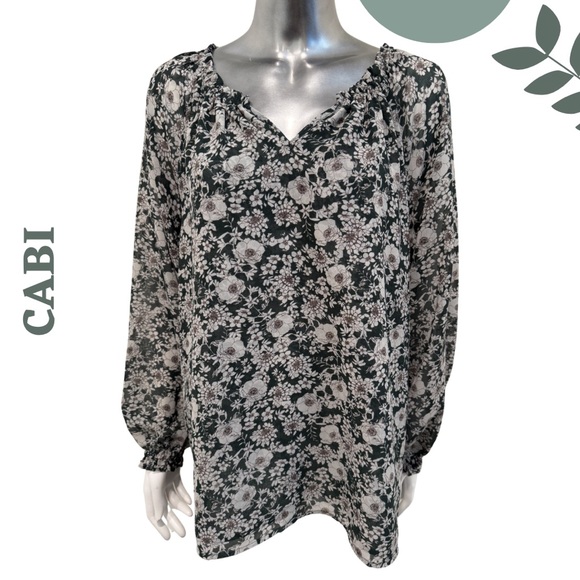 Cabi Floral Boho Blouse Small — Sheer Long Sleeve V-Neck Top - Picture 3 of 8